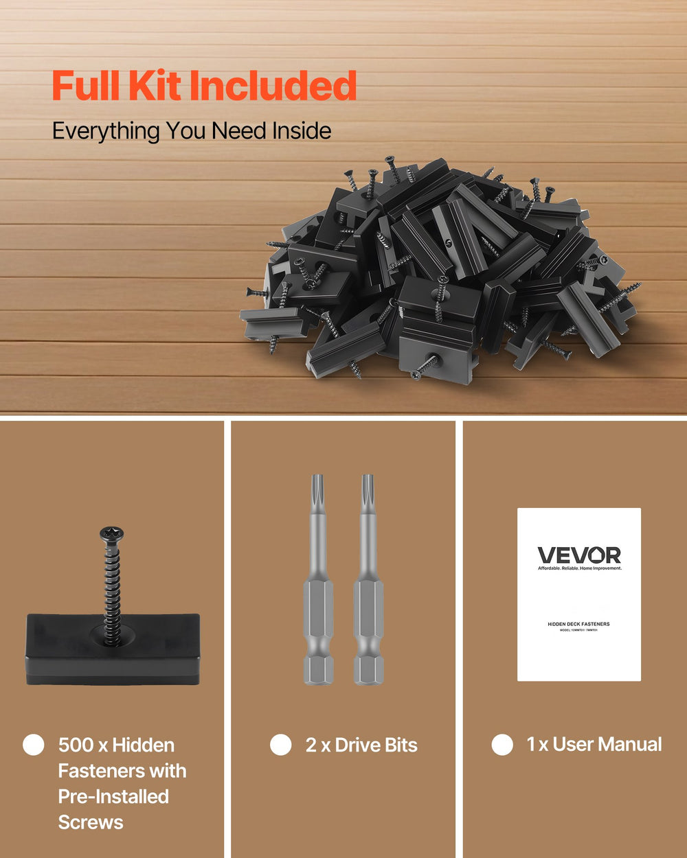 VEVOR 500PCS Hidden Deck Fasteners for Composite Decking Board, Universal Composite Clips & Plastic Hidden Fasteners with Metal Screws,Polypropylene PP Clips Works with 5.5 mm Gaps, Black