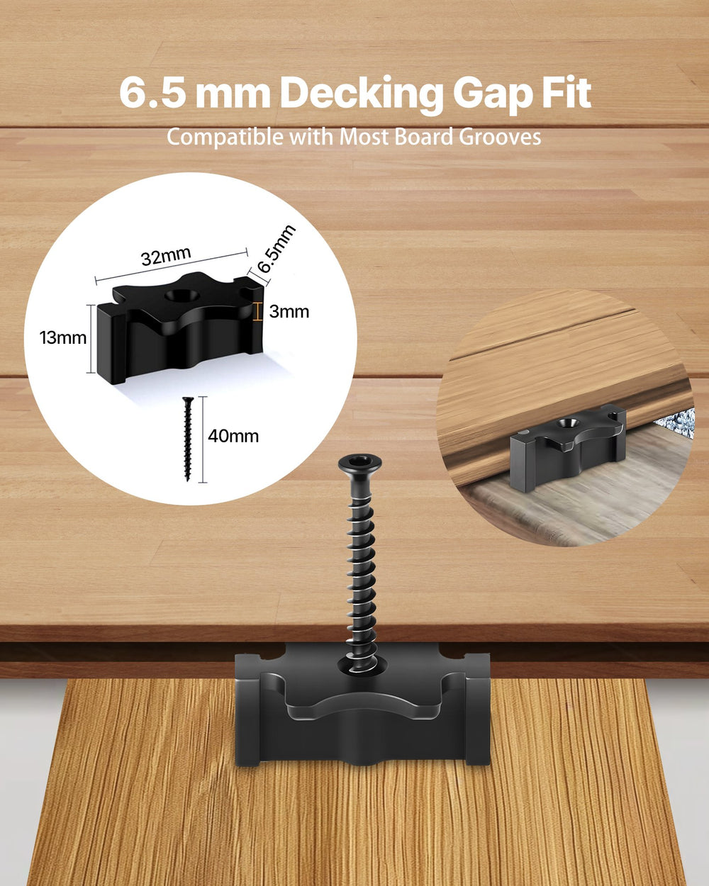 VEVOR 90PCS Hidden Deck Fasteners for Composite Decking Board, Universal Composite T Clips & Plastic Hidden Fasteners with Metal Screws,Polypropylene PP Clips Works with 6.5 mm Gaps, Black