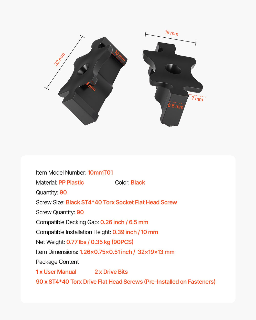 VEVOR 90PCS Hidden Deck Fasteners for Composite Decking Board, Universal Composite T Clips & Plastic Hidden Fasteners with Metal Screws,Polypropylene PP Clips Works with 6.5 mm Gaps, Black