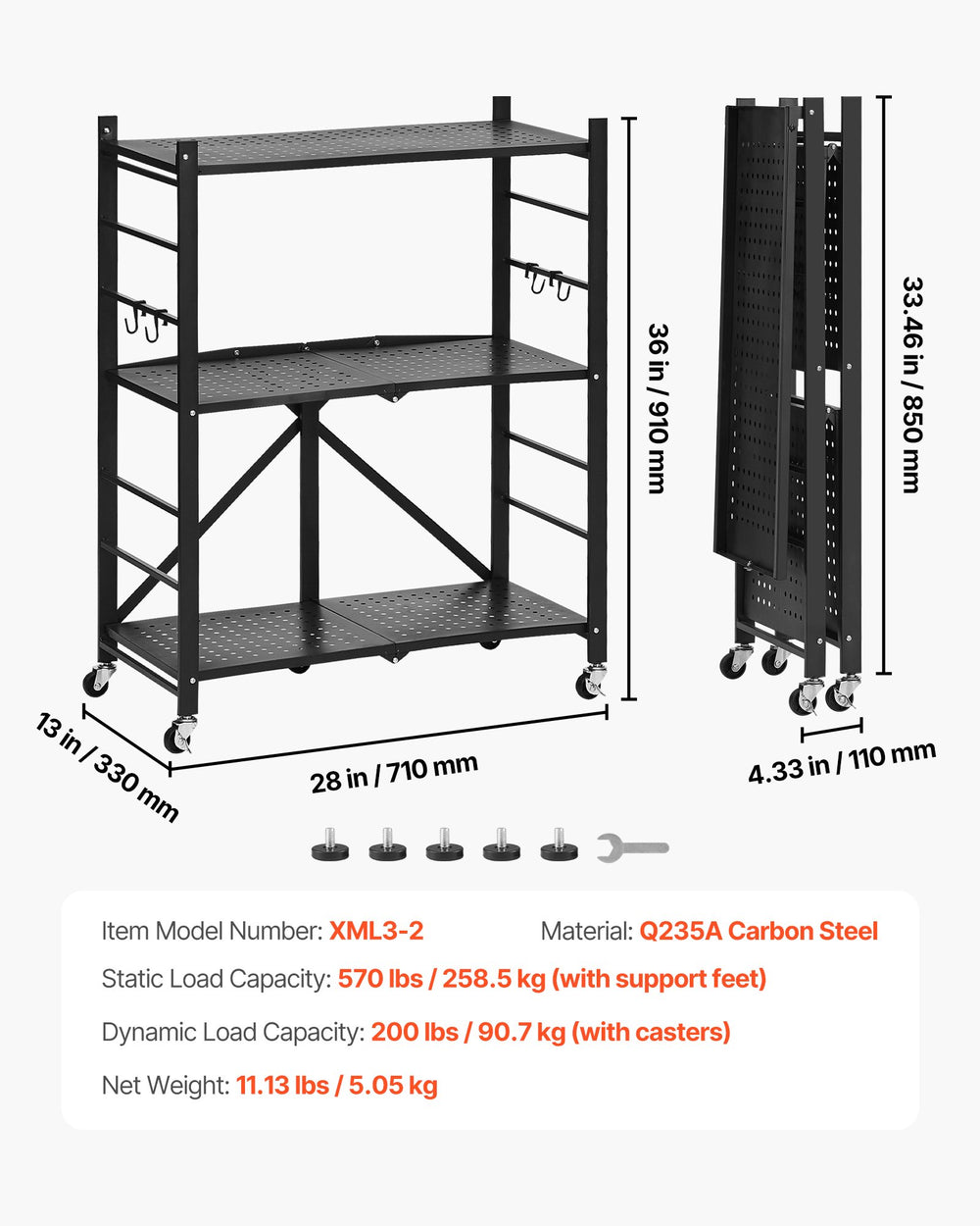 VEVOR 3-Tier Foldable Storage Shelf, 28W x 13D x 36H Inch Folding Metal Rack Shelving Unit, No Assembly Organizer Shelf with 5 Wheels & 4 Hooks for Pantry, Kitchen, Garage, Basement, Black
