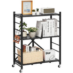 VEVOR 3-Tier Foldable Storage Shelf, 28W x 13D x 36H Inch Folding Metal Rack Shelving Unit, No Assembly Organizer Shelf with 5 Wheels & 4 Hooks for Pantry, Kitchen, Garage, Basement, Black