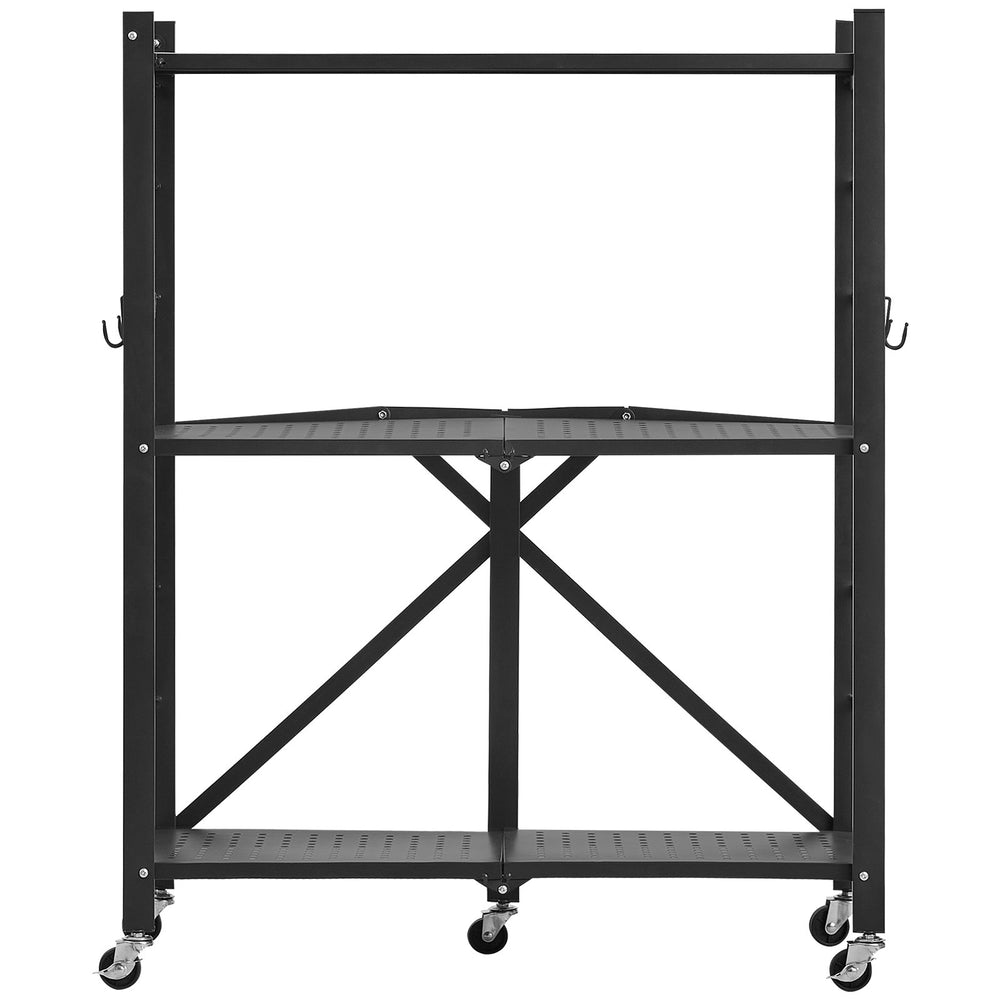VEVOR 3-Tier Foldable Storage Shelf, 28W x 13D x 36H Inch Folding Metal Rack Shelving Unit, No Assembly Organizer Shelf with 5 Wheels & 4 Hooks for Pantry, Kitchen, Garage, Basement, Black