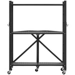 VEVOR 3-Tier Foldable Storage Shelf, 28W x 13D x 36H Inch Folding Metal Rack Shelving Unit, No Assembly Organizer Shelf with 5 Wheels & 4 Hooks for Pantry, Kitchen, Garage, Basement, Black