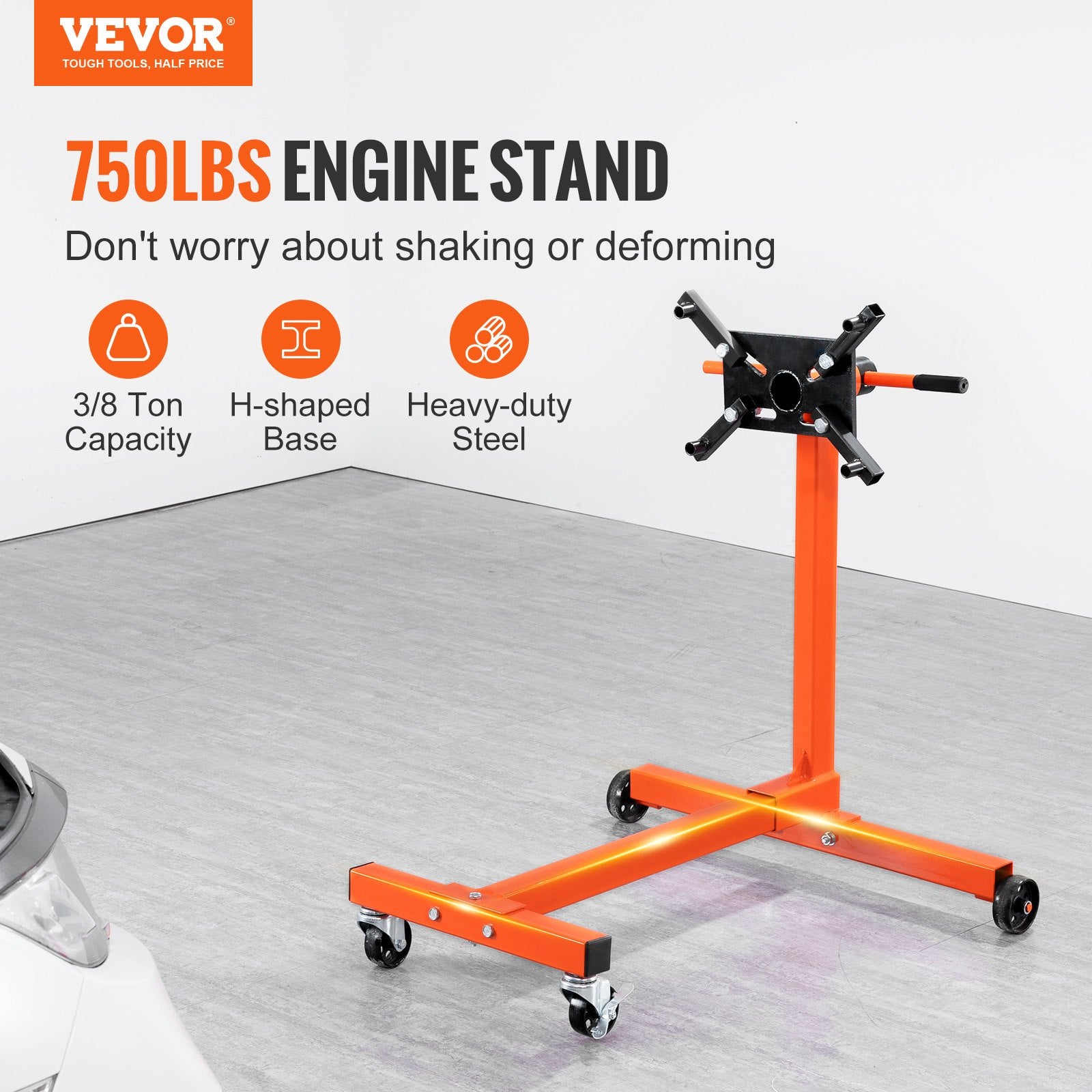 VEVOR Engine Stand, 340 kg Rotating Engine Motor Stand with 360 Degree Adjustable Head, Cast Iron Motor Hoist Dolly, 4-Caster, 4 Adjustable Arms, for Vehicle Maintenance, Auto Repair