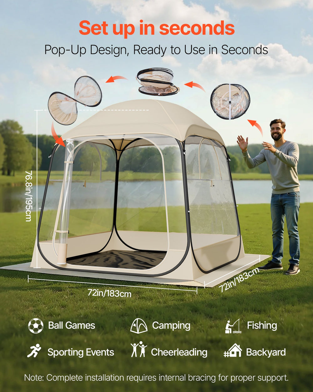 VEVOR Pop up Sports Tent, 1.83x1.83 m Clear Bubble Tent for 2-4 Persons, Waterproof Outdoor Pod with Floor Mat & Top Cover, Garden Igloo Dome Tents Camping Shelter for Events Fishing Cheering