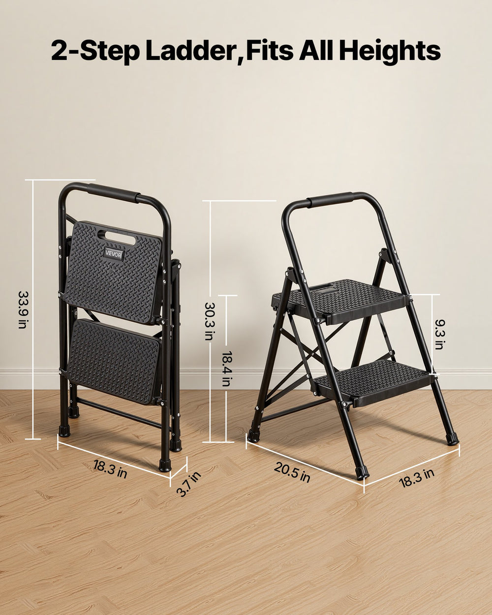 VEVOR 2 Step Ladder, Folding Step Stool with Wide Anti-Slip Pedal and Comfort Handgrip, Lightweight 272 kg Capacity Portable Steel Ladder, Multi-Use for Kitchen, Home, Household and Office, Black