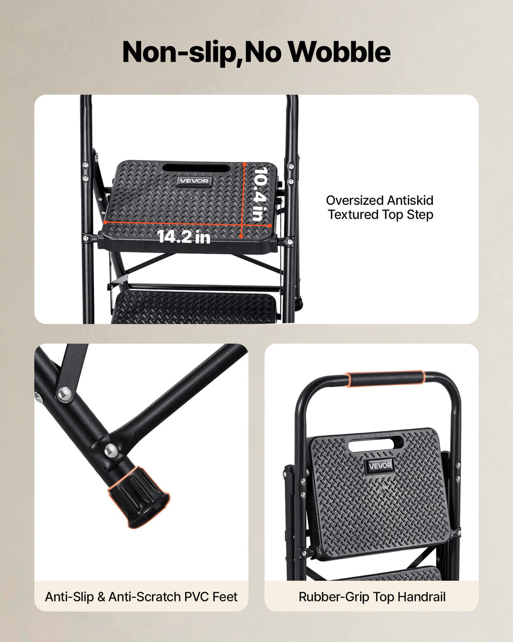 VEVOR 2 Step Ladder, Folding Step Stool with Wide Anti-Slip Pedal and Comfort Handgrip, Lightweight 272 kg Capacity Portable Steel Ladder, Multi-Use for Kitchen, Home, Household and Office, Black