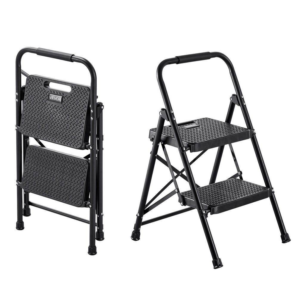 VEVOR 2 Step Ladder, Folding Step Stool with Wide Anti-Slip Pedal and Comfort Handgrip, Lightweight 272 kg Capacity Portable Steel Ladder, Multi-Use for Kitchen, Home, Household and Office, Black