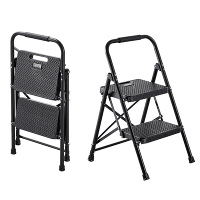 VEVOR 2 Step Ladder, Folding Step Stool with Wide Anti-Slip Pedal and Comfort Handgrip, Lightweight 272 kg Capacity Portable Steel Ladder, Multi-Use for Kitchen, Home, Household and Office, Black