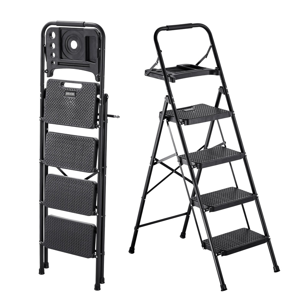 VEVOR 4 Step Ladder, Folding Step Stool with Wide Anti-Slip Pedal, Tool Tray, Comfort Handgrip, 272 kg Capacity Portable Steel Ladder, Multi-Use for Kitchen, Home, Household and Office, Black