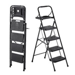 VEVOR 4 Step Ladder, Folding Step Stool with Wide Anti-Slip Pedal, Tool Tray, Comfort Handgrip, 272 kg Capacity Portable Steel Ladder, Multi-Use for Kitchen, Home, Household and Office, Black