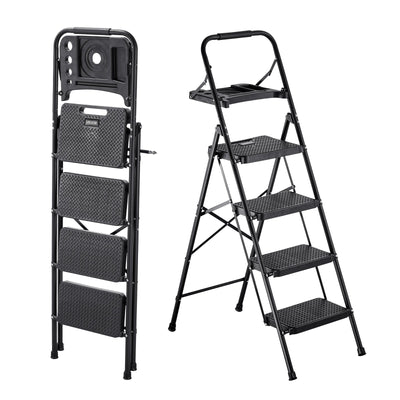 VEVOR 4 Step Ladder, Folding Step Stool with Wide Anti-Slip Pedal, Tool Tray, Comfort Handgrip, 272 kg Capacity Portable Steel Ladder, Multi-Use for Kitchen, Home, Household and Office, Black
