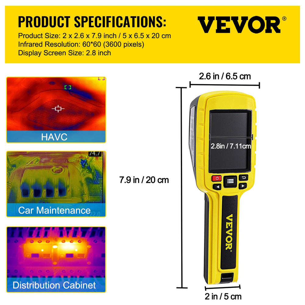 VEVOR Thermal Imaging Camera, 60x60 (3600 Pixels) IR Resolution Infrared Camera with 7.1 cm Color Display Screen, Built-in SD Card and Li-ion Battery, for HVAC, Electrical system Automatic Detect