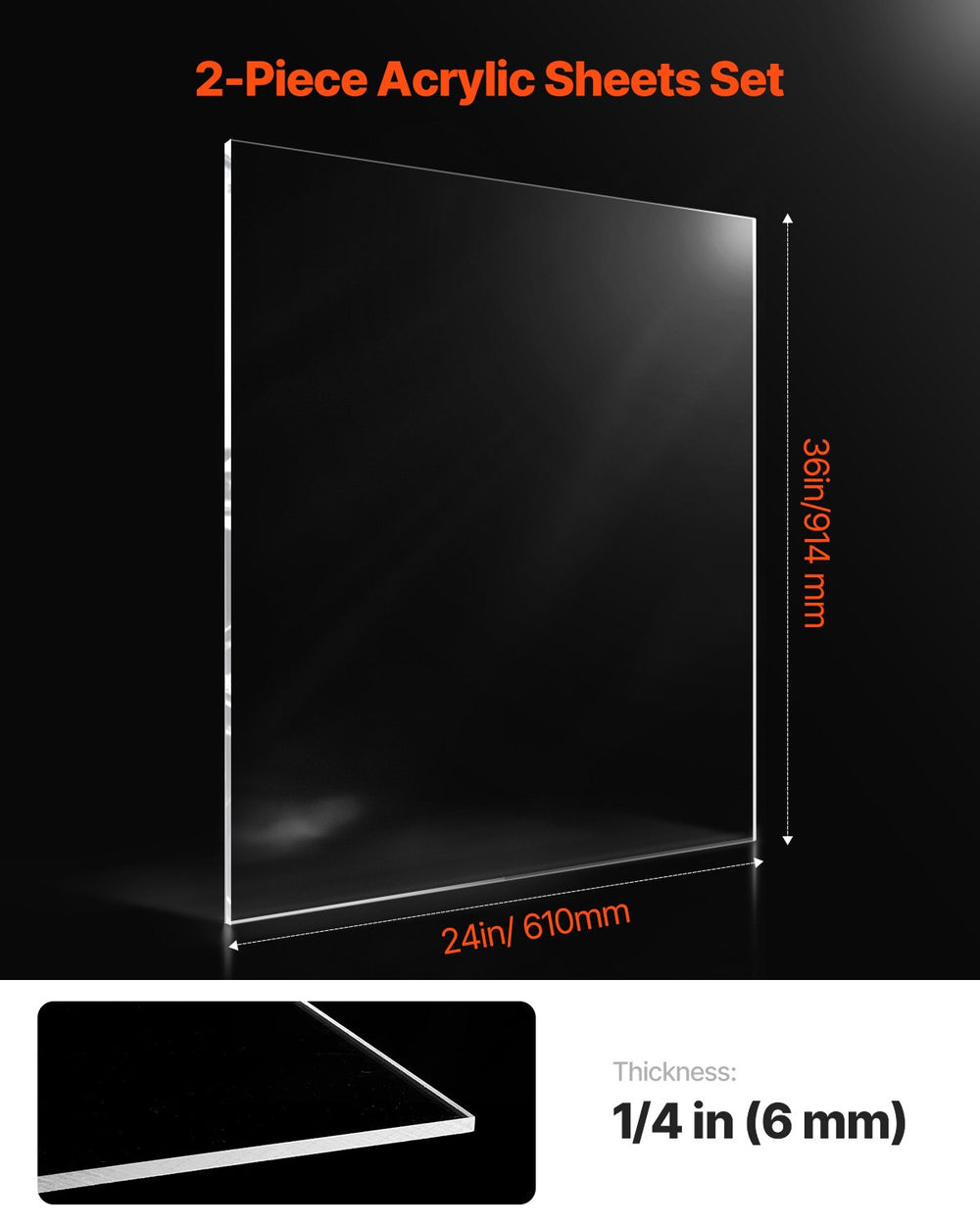 VEVOR Clear Acrylic Sheet, 2-Pack Plastic Sheets, 24 x 36 Inch 1/4 Inch Thick Clear Plastic Cast Transparent Glass for Crafting Projects, Replacement Picture Frame Glass, DIY Display, Easy to Cut