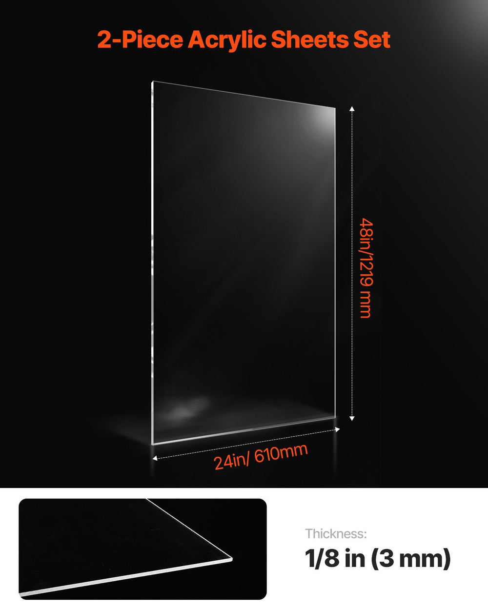 VEVOR Clear Acrylic Sheets, 2-Pack Plastic Sheet, 24 x 48 Inch 1/8 Inch Thick Clear Plastic Cast Transparent Glass for Crafting Projects, Replacement Picture Frame Glass, DIY Display, Easy to Cut