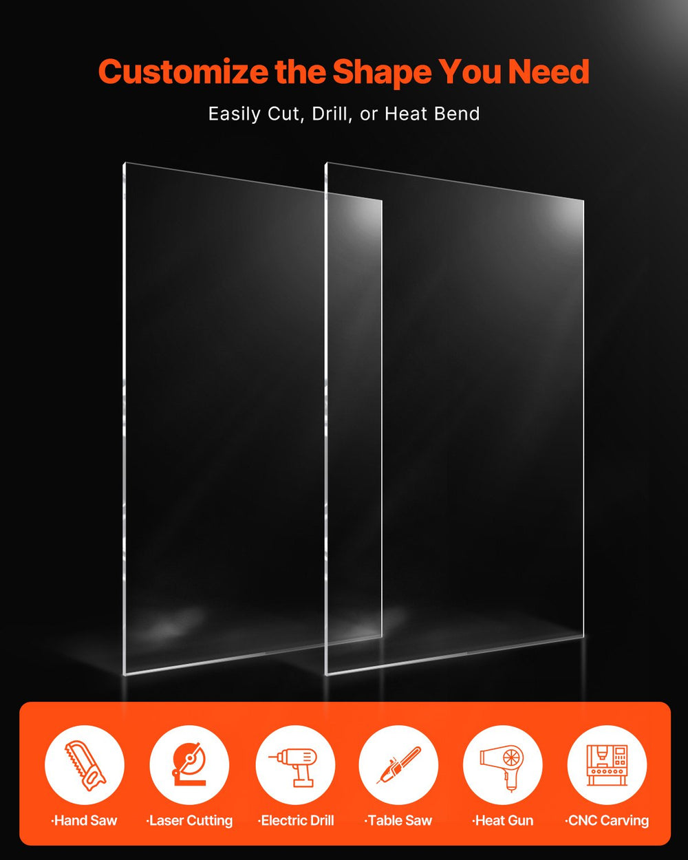VEVOR Clear Acrylic Sheets, 2-Pack Plastic Sheet, 24 x 48 Inch 1/8 Inch Thick Clear Plastic Cast Transparent Glass for Crafting Projects, Replacement Picture Frame Glass, DIY Display, Easy to Cut