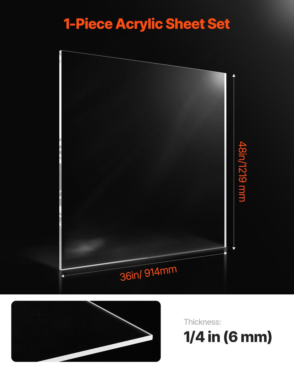 VEVOR Clear Acrylic Sheet, 1 Pack Plastic Sheet, 36 x 48 Inch 1/4 Inch Thick Clear Plastic Cast Transparent Glass for Crafting Projects, Replacement Picture Frame Glass, DIY Display, Easy to Cut