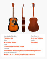 VEVOR 41 in / 1041.4 mm Dreadnought Acoustic Guitar Beginner Bundle Gig Bag Adult Sunburst