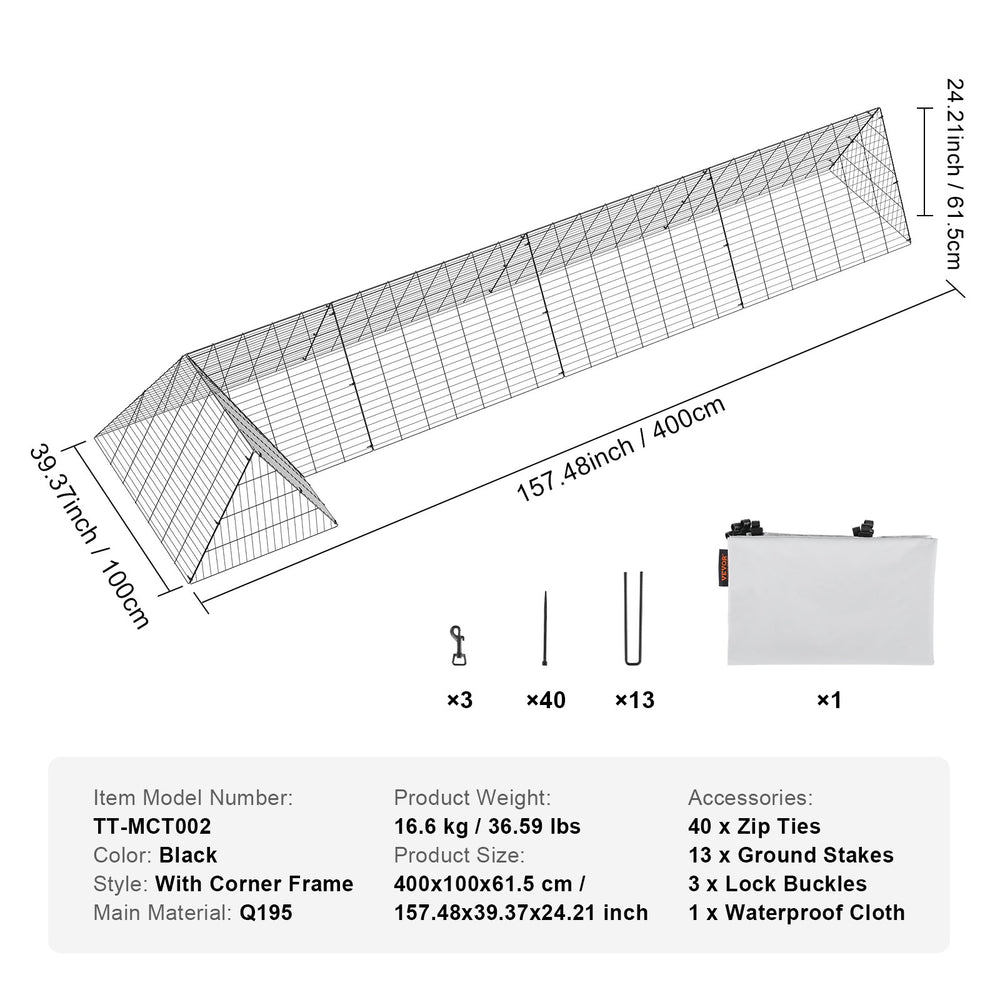 VEVOR Chicken Tunnels, 157.5 x 39.4 x 24.2 inch(LxWxH) Chicken Tunnels for Yard, Portable Chicken Tunnels for Outside with Corner Frames, Chicken Coop Run, Suitable for Chickens, Ducks, Rabbits