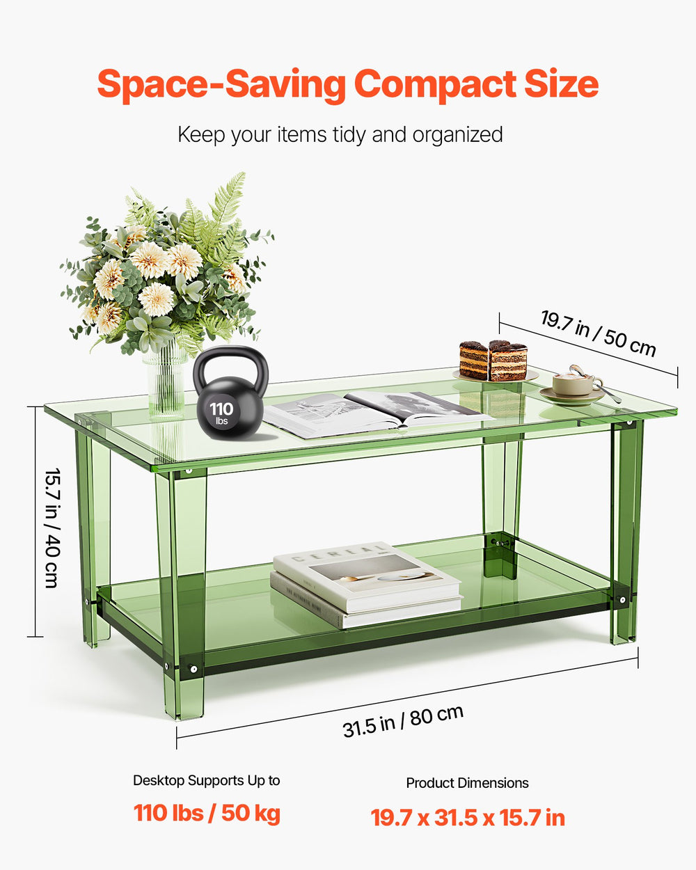 VEVOR Acrylic Coffee Table, 2 Tiers Center Table with Storage Shelf, Modern Rectangle Acrylic Coffee Desk, Ideal for Dining Room, Kitchen Island, Restaurant, Office, 50 x 80 x 40 cm (Green)