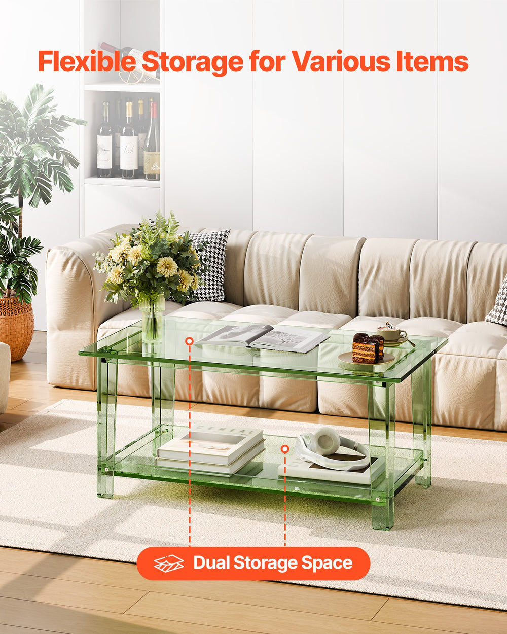 VEVOR Acrylic Coffee Table, 2 Tiers Center Table with Storage Shelf, Modern Rectangle Acrylic Coffee Desk, Ideal for Dining Room, Kitchen Island, Restaurant, Office, 50 x 80 x 40 cm (Green)