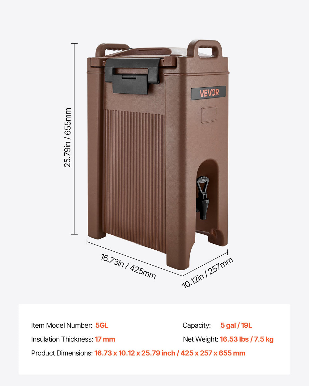 VEVOR Insulated Beverage Dispenser, 5 Gal/19L Hot and Cold Beverage Server with Spigot & Handle, Food-Grade Thermal Drink Dispenser Cooler for Tea Coffee Water in Cafes & Restaurants, Brown