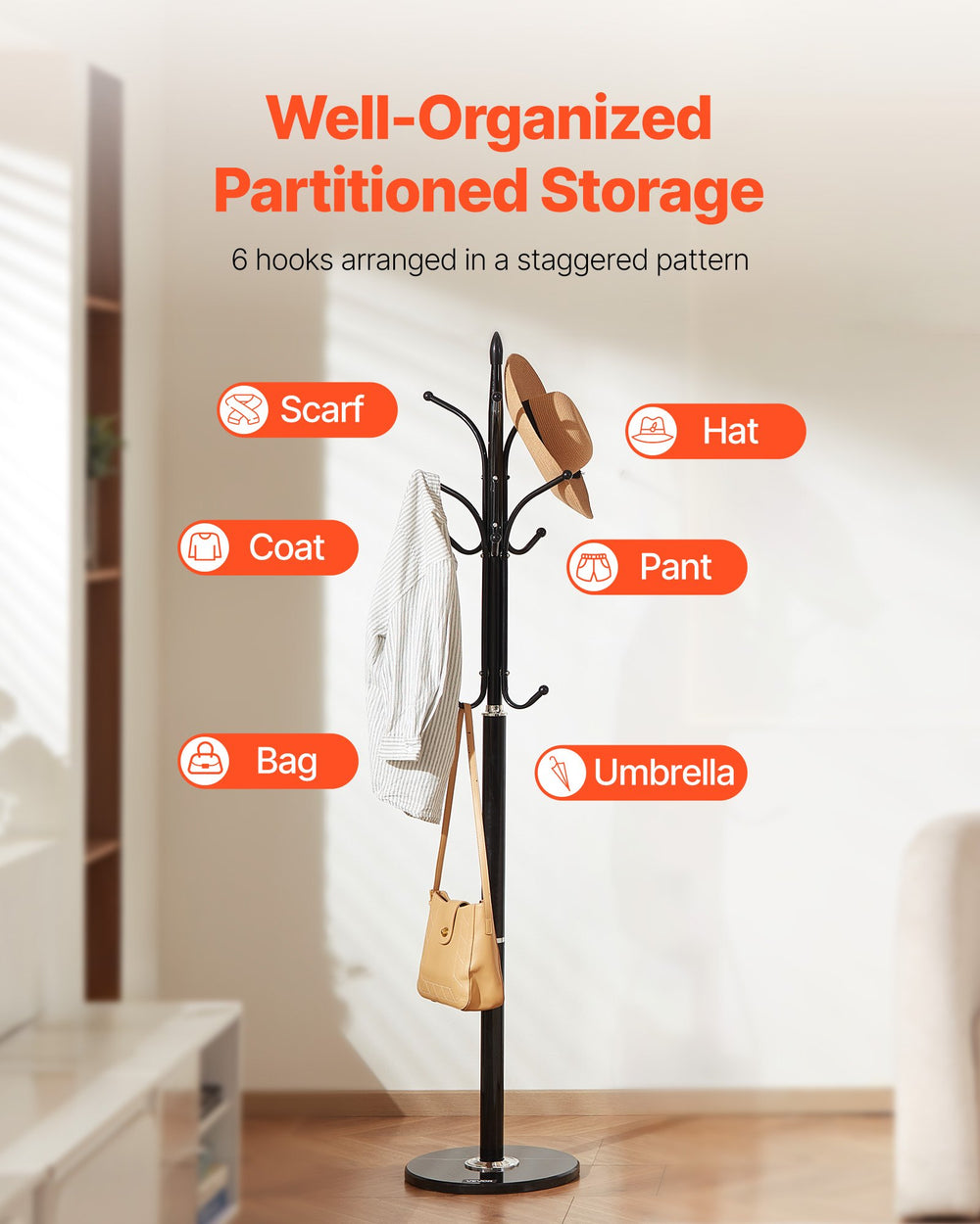 VEVOR Coat Rack Freestanding, Coats Tree Stand with Stable Marble Base & 6 Hooks, Free Standing Hall Coat Rack for Entryway, Bedroom, Office, Living Room, Modern Clothes Hanger for Coats, Hats, Bags