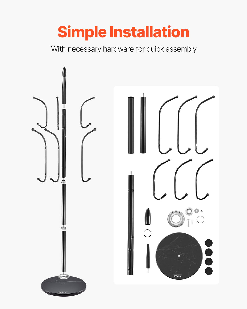 VEVOR Coat Rack Freestanding, Coats Tree Stand with Stable Marble Base & 6 Hooks, Free Standing Hall Coat Rack for Entryway, Bedroom, Office, Living Room, Modern Clothes Hanger for Coats, Hats, Bags