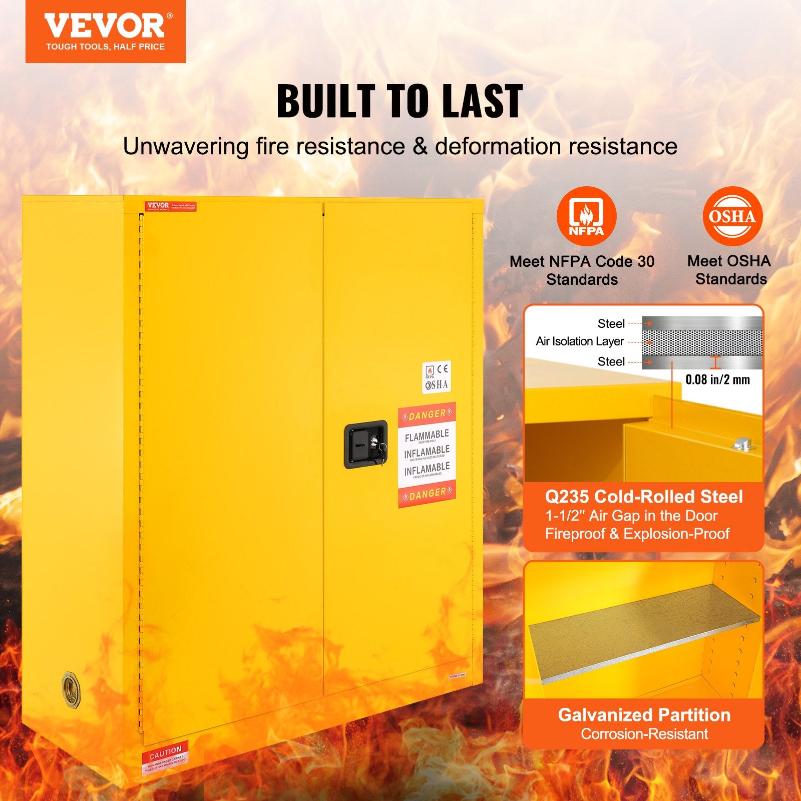 VEVOR Flammable Safety Cabinet, 128.7 L, Cold-Rolled Steel Flammable Liquid Storage Cabinet, 1095 x 460 x 1273 mm Explosion Proof with 1 Adjustable Shelf 2 Manual Closing Doors for Industrial Use, Yellow