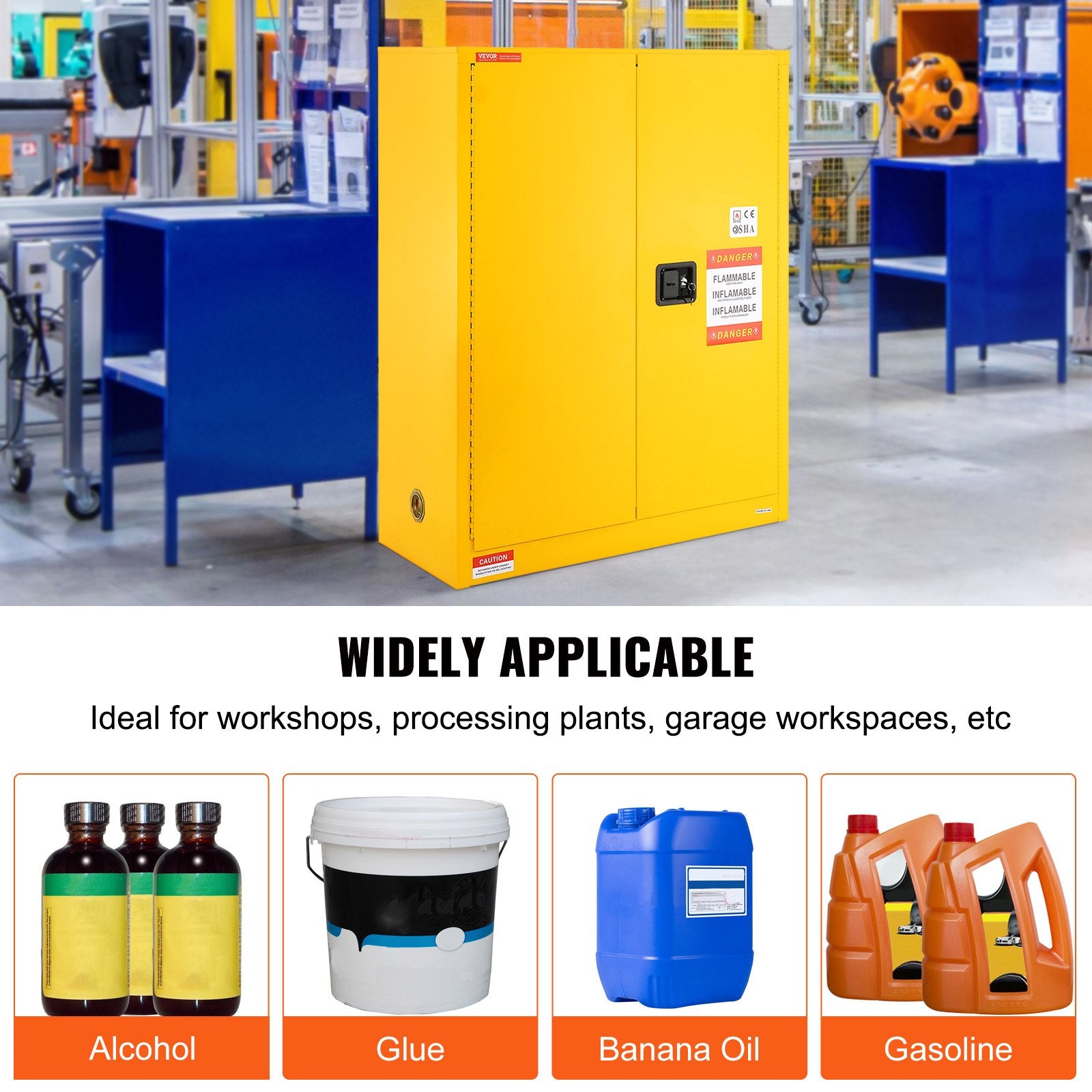 VEVOR Flammable Safety Cabinet, 128.7 L, Cold-Rolled Steel Flammable Liquid Storage Cabinet, 1095 x 460 x 1273 mm Explosion Proof with 1 Adjustable Shelf 2 Manual Closing Doors for Industrial Use, Yellow