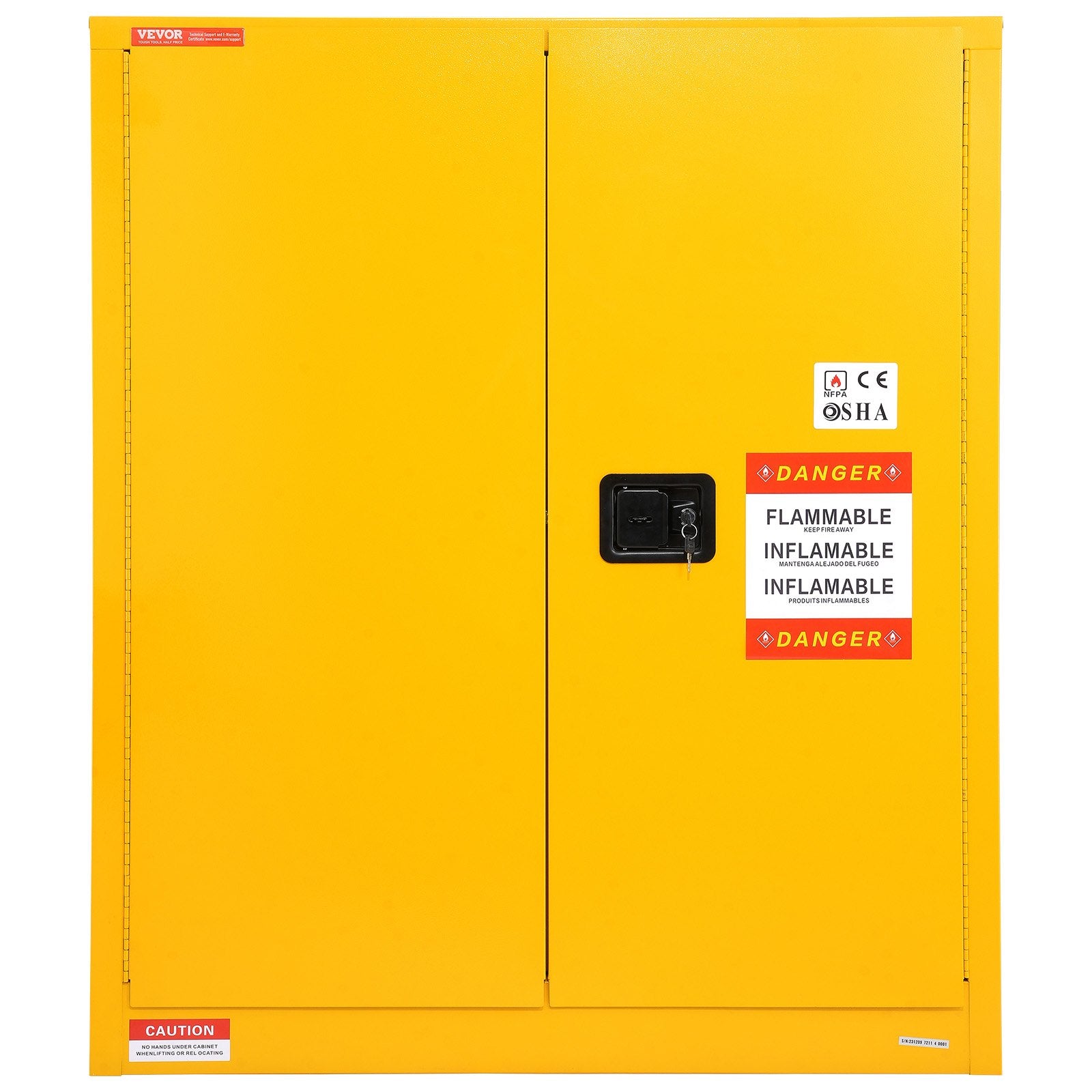 VEVOR Flammable Safety Cabinet, 128.7 L, Cold-Rolled Steel Flammable Liquid Storage Cabinet, 1095 x 460 x 1273 mm Explosion Proof with 1 Adjustable Shelf 2 Manual Closing Doors for Industrial Use, Yellow
