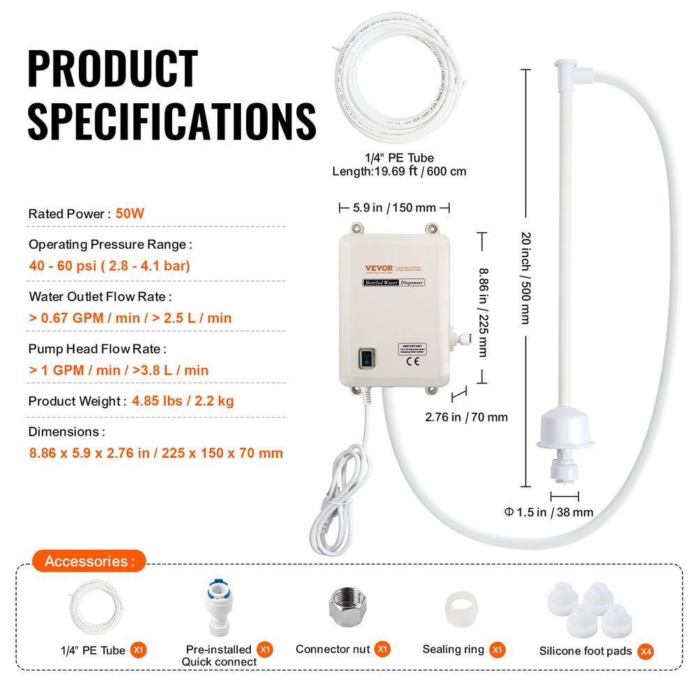 VEVOR Water Bottle Pump System 3.8 L/min 40 Psi Water Dispenser Pump With 609.6 cm Pe Pipe