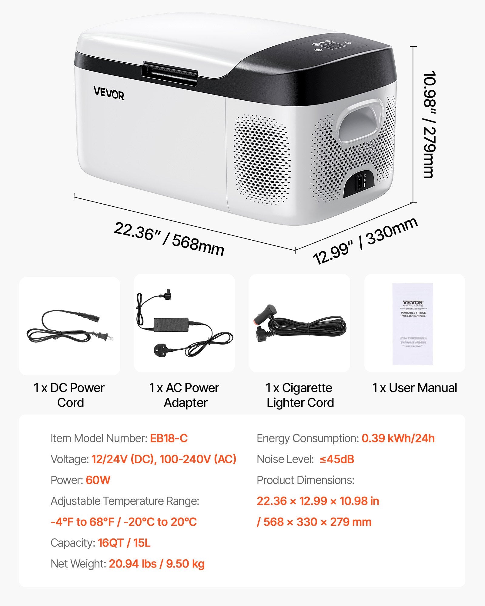 VEVOR Car Refrigerator, DC 12/24V AC100-240V Compressor Electric Cooler, -20°C to 20°C Car Fridge with APP Control, 15L Cars Freezer for RVs, Campsites, Boats, Camping, Fishing, 60W Portable Freezer