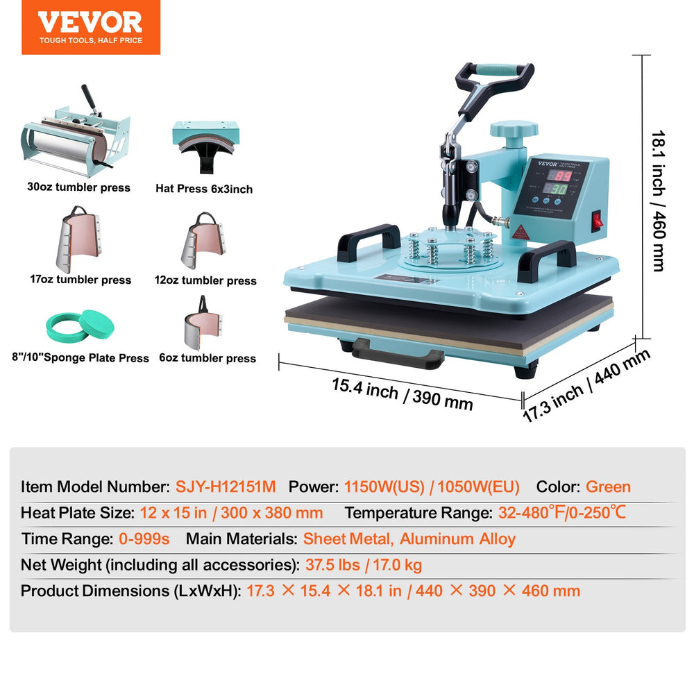 VEVOR Heat Press Machine 300 x 380 mm 8 in 1 with 850.5 g Tumbler Press T-Shirts Green