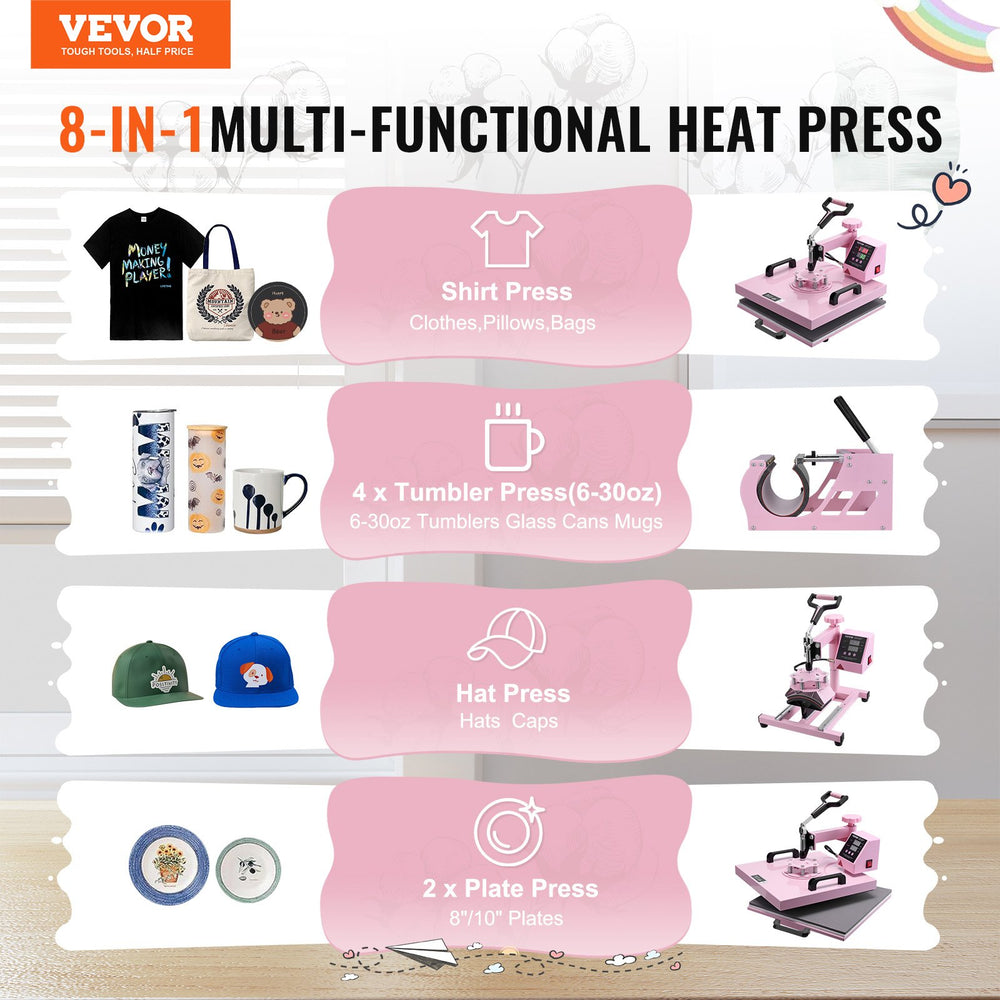 VEVOR Heat Press Machine 38x38 cm 5 in 1 with 850.5 g Tumbler Press T-Shirts Pink