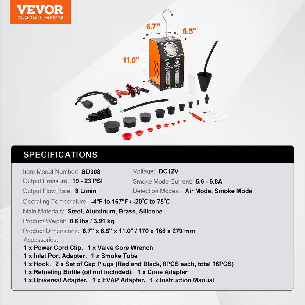 VEVOR Automotive Smoke Machine Leak Detector, EVAP Smoke Machine Leak Tester with Built-in Air Pump, Pressure Gauge, Oil Level & Flow Meter, 2-Mode Vacuum Diagnostic Detector for EVAP Fuel Pipe System