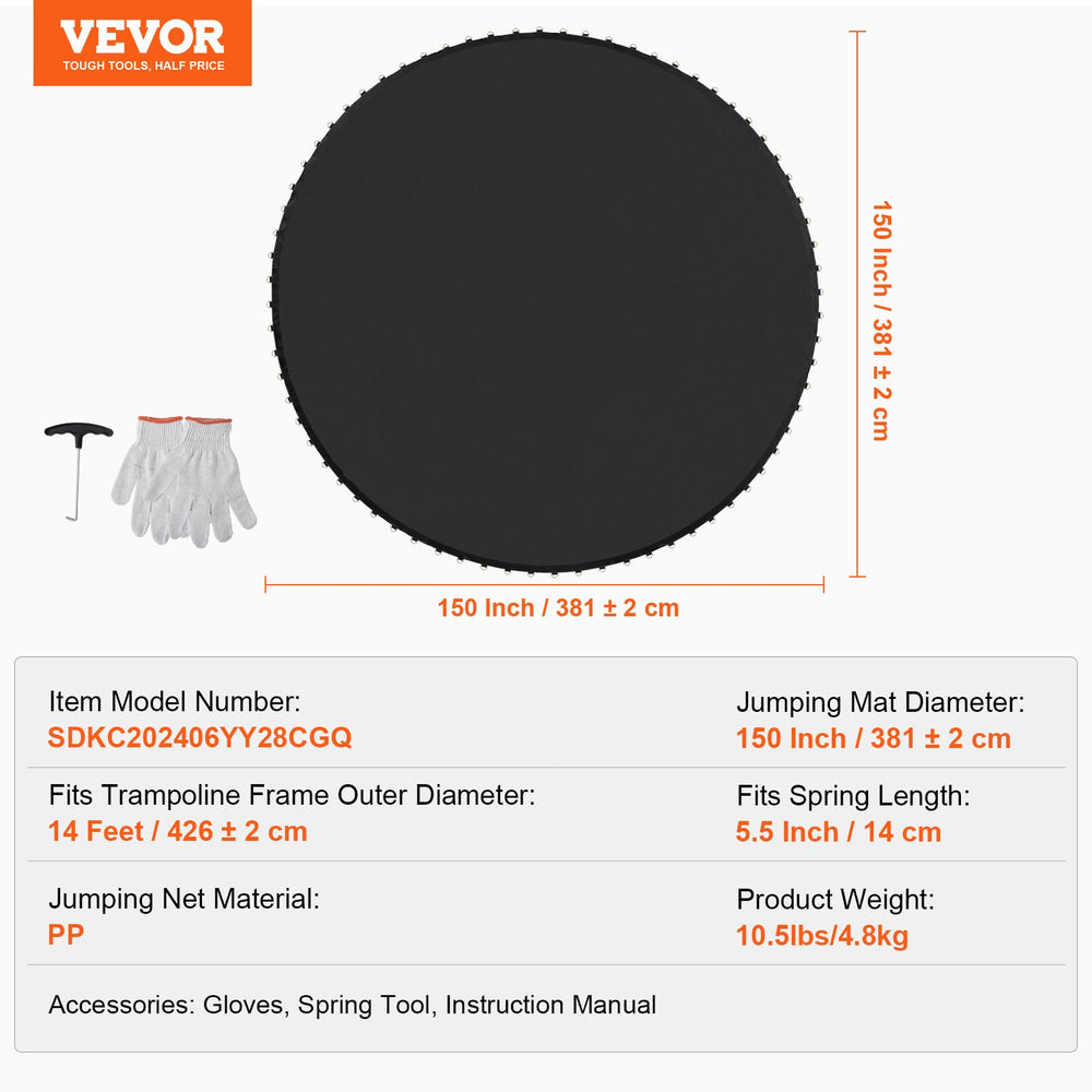 VEVOR Replacement Trampoline Mat, Jumping Mat Fits 14ft Frame, Universal Jumping Mat for 14ft Round Trampoline, Reinforce UV-Resistant Mat with Spring Tool & Durable V-Rings, Fit 5.5" Spring Length