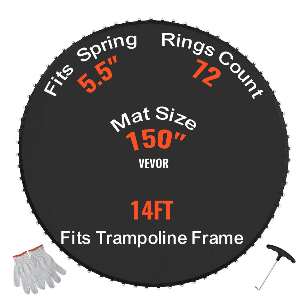 VEVOR Replacement Trampoline Mat, Jumping Mat Fits 14ft Frame, Universal Jumping Mat for 14ft Round Trampoline, Reinforce UV-Resistant Mat with Spring Tool & Durable V-Rings, Fit 5.5" Spring Length