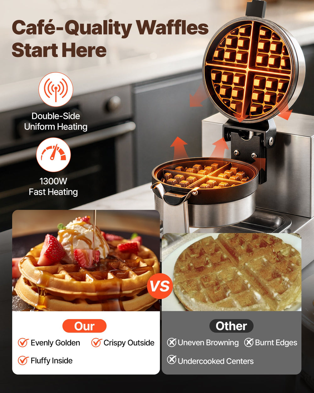 VEVOR Commerical Round Waffle Maker 1300W Rotatable Non-Stick Waffle Iron 220V