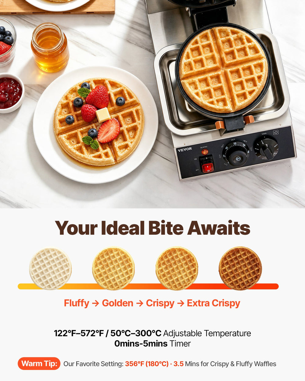 VEVOR Commerical Round Waffle Maker 1300W Rotatable Non-Stick Waffle Iron 220V