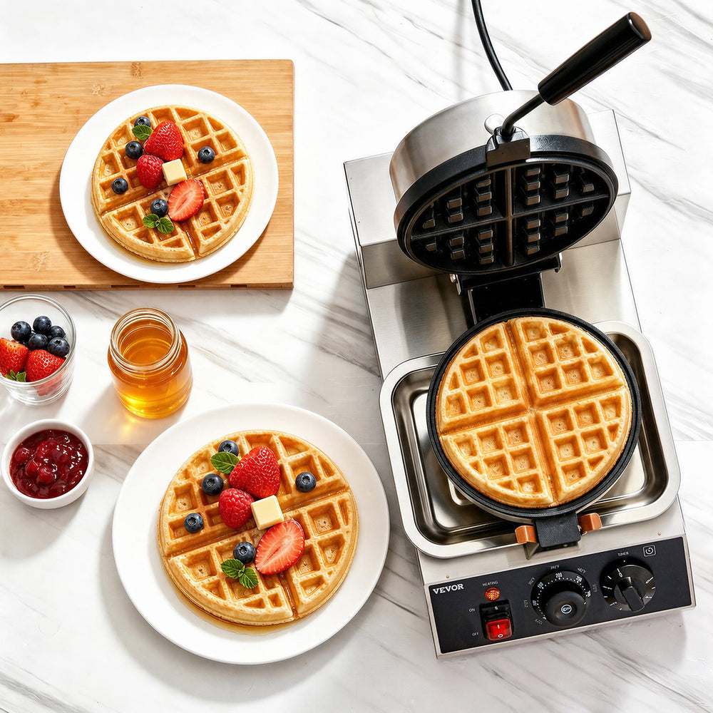 VEVOR Commerical Round Waffle Maker 1300W Rotatable Non-Stick Waffle Iron 220V