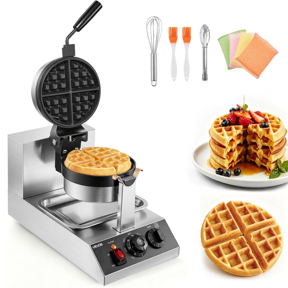 VEVOR Commerical Round Waffle Maker 1300W Rotatable Non-Stick Waffle Iron 220V