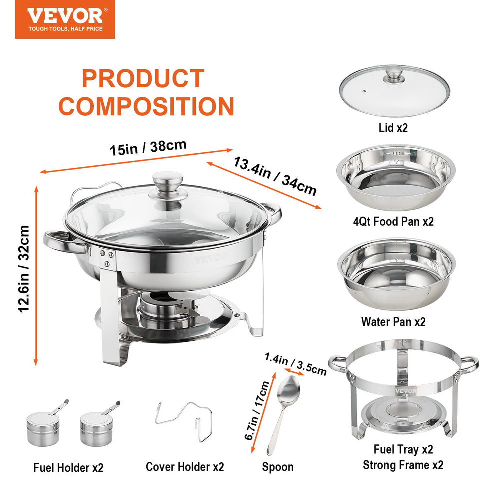 VEVOR 2-Pack Round Chafing Dish Set with Full-Size 3.8L Pan Glass Lid Fuel Holder