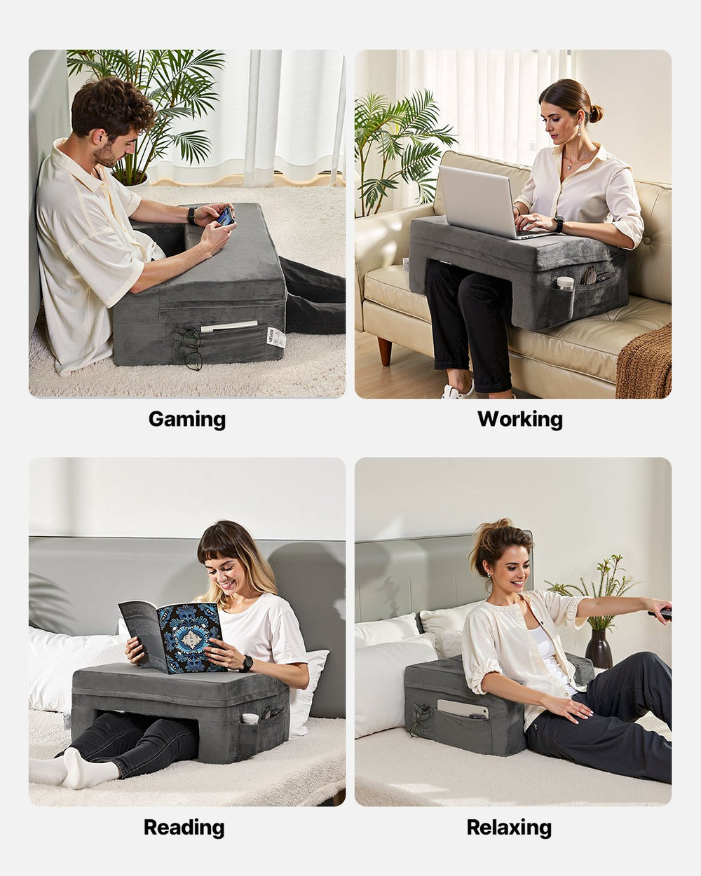 VEVOR Reading Pillow, Lap Desk Pillow with Washable Cloth, Large Bed Pillow with 2 Pockets and Cup Holder, Memory Foam Bed Rest for Reading, Gaming, Resting, Working, Grey