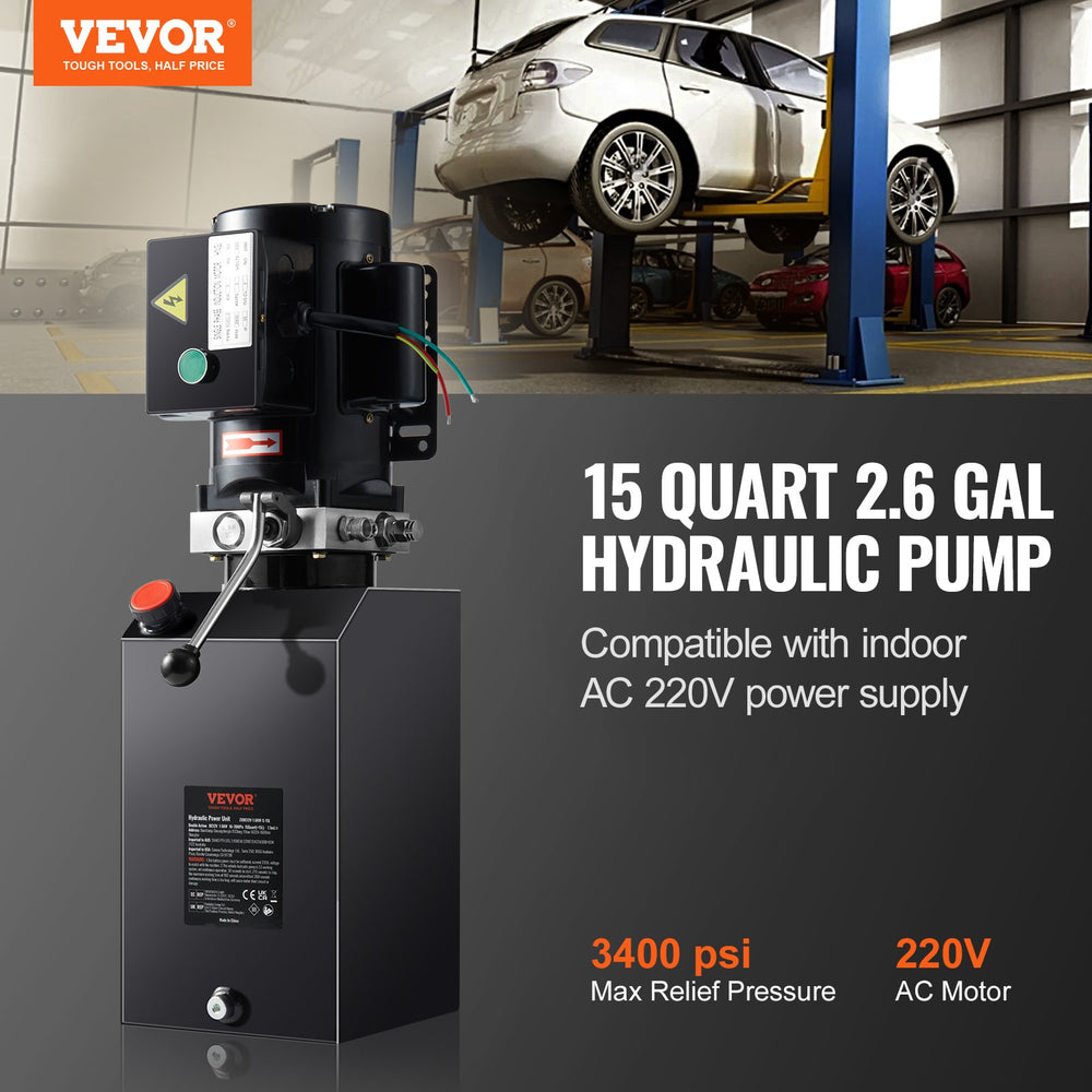 VEVOR Hydraulic Pump 15 Quart/14.2 L Single Acting Dump Trailer Pump Power Unit AC 220V