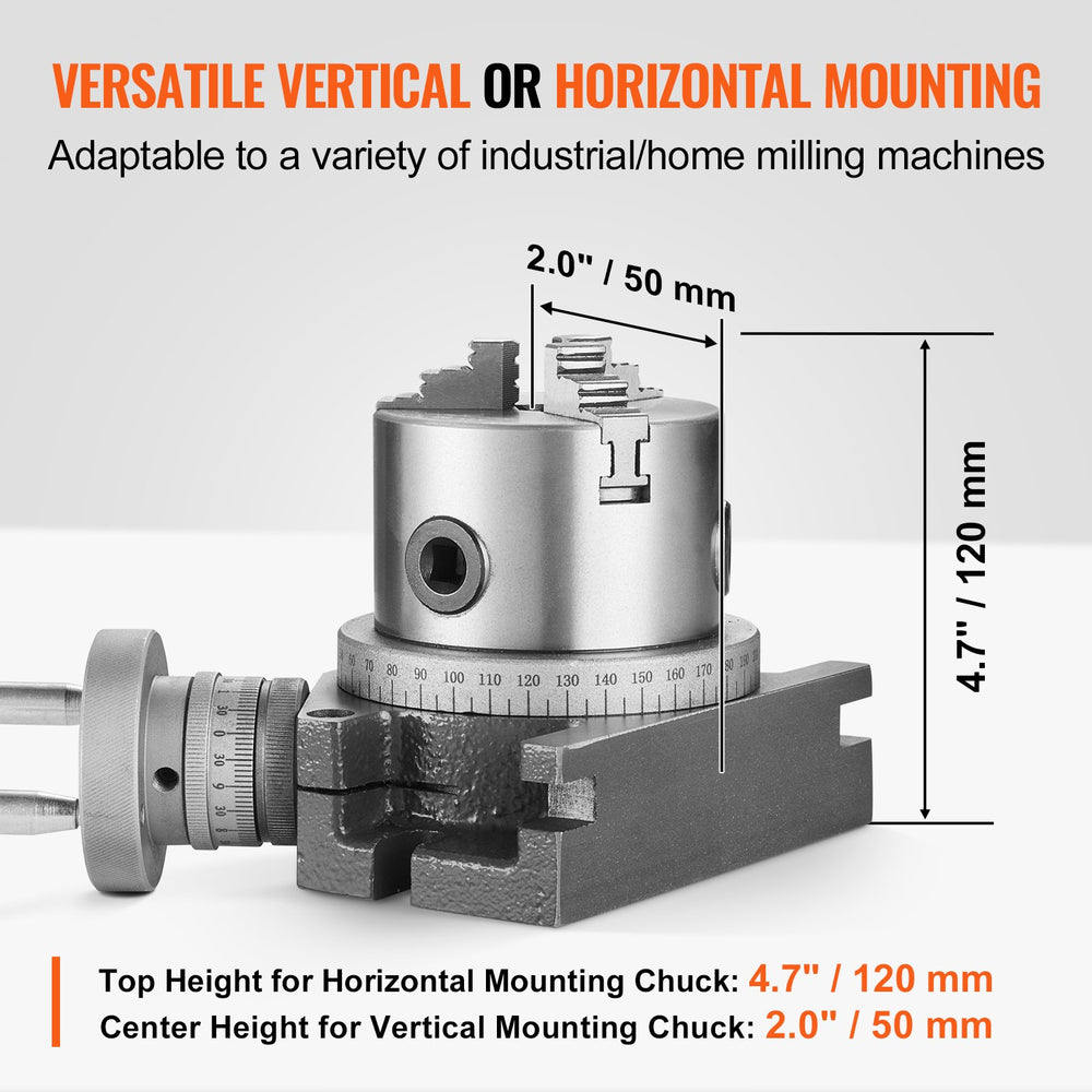 VEVOR Rotary Table for Milling Machines, 100 mm, Horizontal Vertical Model Precision Milling Rotary Table, with 80 mm 3-Jaw Chuck M10 T-Bolts Nuts, for Milling Engineering Indexing Tools