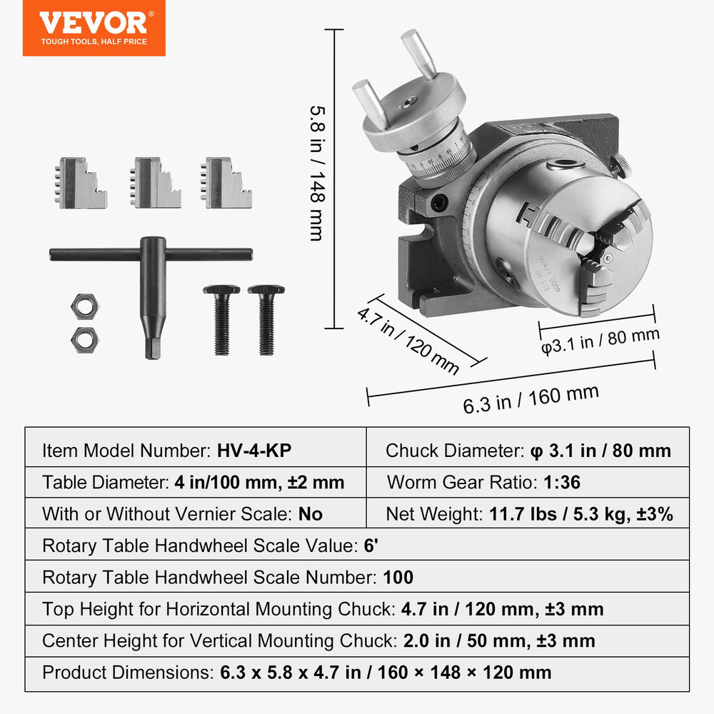 VEVOR Rotary Table for Milling Machines, 100 mm, Horizontal Vertical Model Precision Milling Rotary Table, with 80 mm 3-Jaw Chuck M10 T-Bolts Nuts, for Milling Engineering Indexing Tools