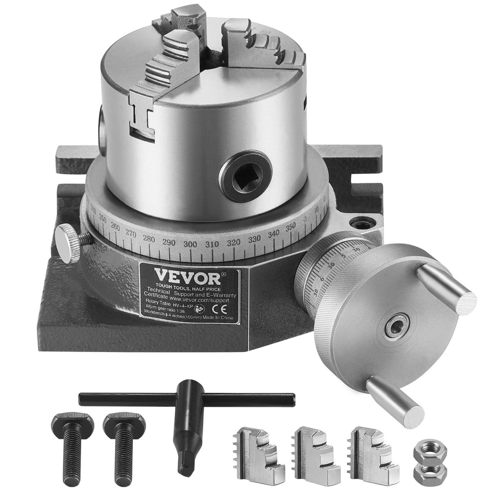 VEVOR Rotary Table for Milling Machines, 100 mm, Horizontal Vertical Model Precision Milling Rotary Table, with 80 mm 3-Jaw Chuck M10 T-Bolts Nuts, for Milling Engineering Indexing Tools
