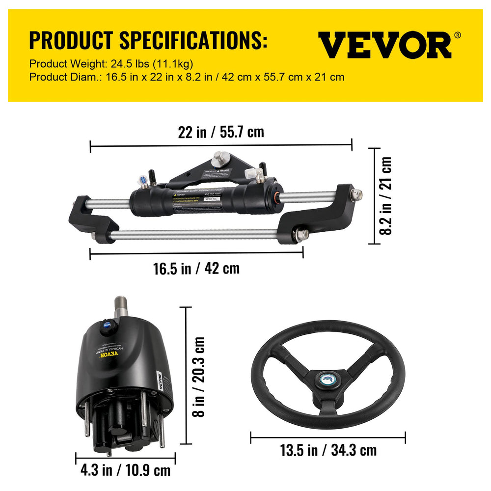 VEVOR Hydraulic Boat Steering Kit 300HP, Hydraulic Steering Kit Helm Pump, Hydraulic Outboard Steering Kit with 20 Feet Hydraulic Steering Hose for Boat Steering System