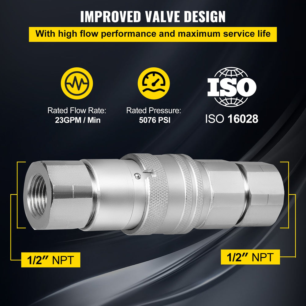 VEVOR Skid Steer Hydraulic Quick Connect 1/2\" Body Hydraulic Coupler 1/2\" NPT Hydraulic Coupling Quick Connect 8 Pairs Hydraulic Quick Coupler 27.6 MPa (ISO 16028) (8 Pairs)